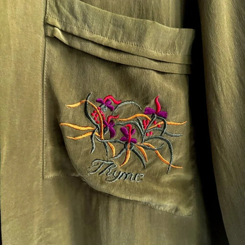 Vintage Jennifer Lane Olive Green Silk floral embroidered Long Sleeve M Shirt - Picture 3 of 7